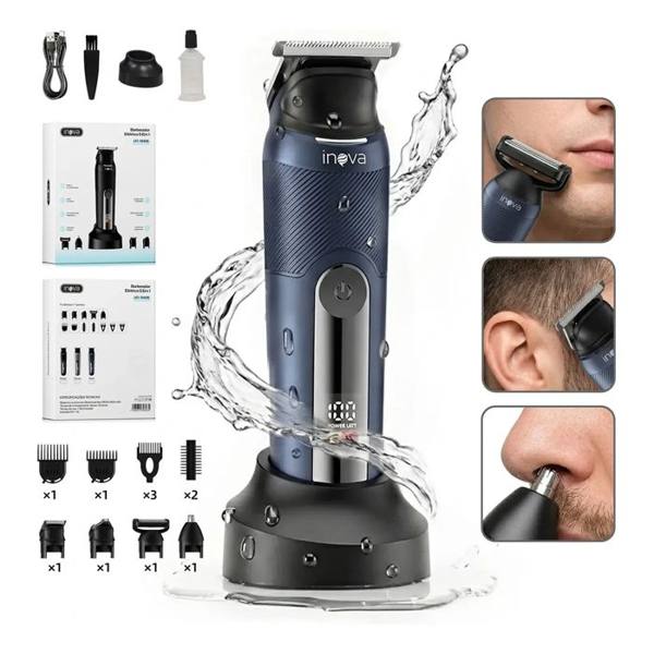 Barbeador Elétrico Inova Multigroom 5 em 1 para Barba e Corpo com 8 Pentes e Bateria Recarregável — Sem marca