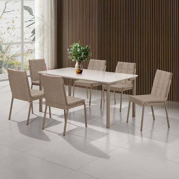 Conjunto de Mesa 6 Cadeiras Tampo MDF e Vidro Colado Aço Nobre — Aco Nobre