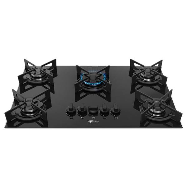Cooktop a Gás Fischer Fit Line Iron 5 Bocas Superautomático Mesa de Vidro — Fischer