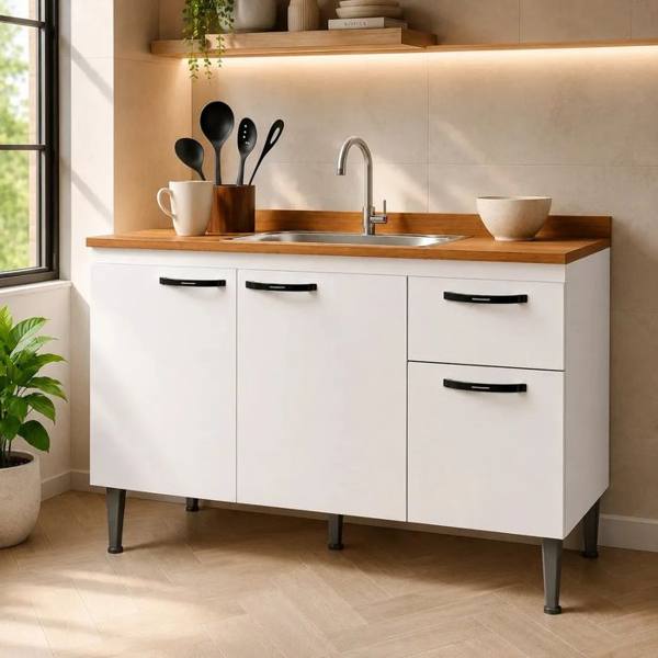 Gabinete de Pia 1,20 Balcão de Cozinha Multiuso 3 Portas Armário de Pia Armário de Cozinha 120x80x52cm — Sem marca