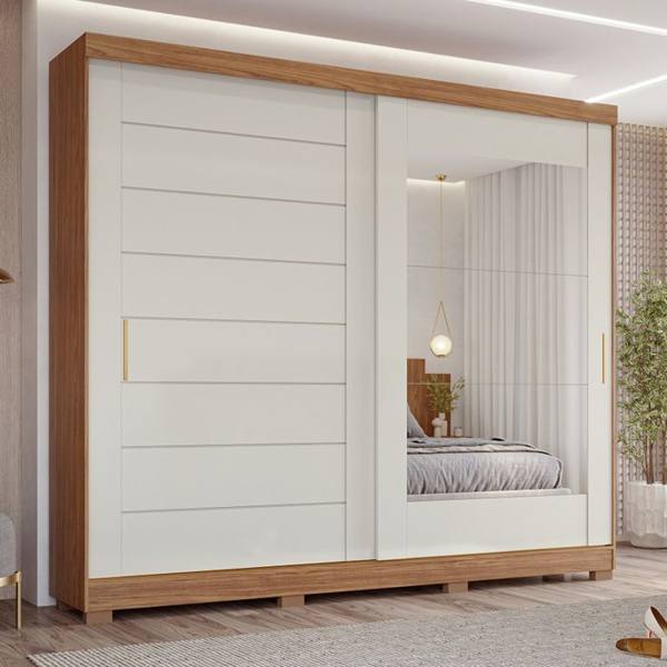 Guarda-Roupa Casal 2 Portas Correr 8 Gavetas MDF Espelho Florença Panan — Panan