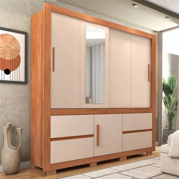 Guarda-Roupa Casal 3 Portas Correr com Espelho 4 Gavetas Optimus Lux Caemmun — Caemmun