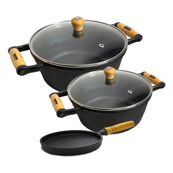 Kit 3 Panelas de Ferro Fundido com Tampa Vidro Casa e Jardim Preto — Sem marca