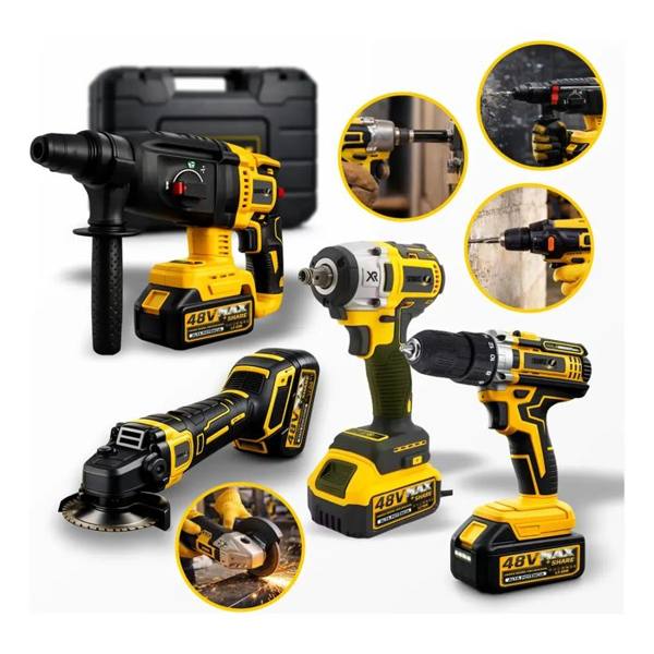 Kit Multi Ferramentas 4 Em 1 48v Sem Fio Com 2 Baterias Furadeira Parafusadeira Martelete Esmerilhadeira Chave De Impacto Com Maleta Alta Potência Uso Profissional E Doméstico Simake — Simake