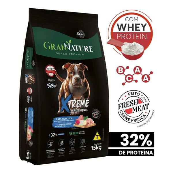 Ração Whey Protein Grannature Xtreme Alta Performance 32% Proteína para Cães Filhote raças Médio E Grande Porte 15kg — Sem marca