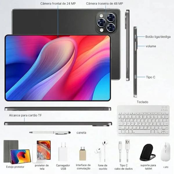Tablet Android 12GB RAM 512GB Memória Tela Grande 11.6 Bateria 8800mAh Wi-fi 5G — Sem marca